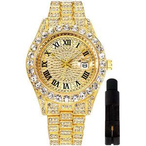 Hip Hop Watches for Men Iced-Out Bling Diamond Luxury Quartz Watches with Date